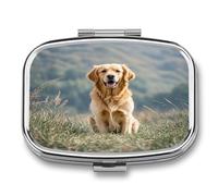 Golden Retriever Dog Pill Box 2 Compartment Small Square Pills Case Portable for Pocket Pill Organizer Travel Metal Pill Holder for Office Home Vitamin Medicine Fish Oil