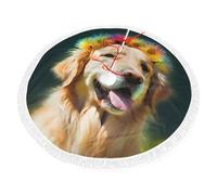 Golden Retriever Dog Print Christmas Tree Skirt 36 inch, Xmas Tree Skirts Mat with Fringe Border for Christmas Holiday Party Decorations
