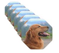 Golden Retriever Dog Print Leather Coasters Set of 6 Coasters for Drinks Beer Coffee Coasters Round Cup Mat for Tabletop Protection and Living Room Decor