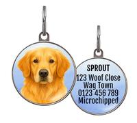 Golden Retriever Dog Tag - Add Text to Back - Watercolour Pet ID Tag with Golden Retriever Illustration - 4 Colour Options - Metal Double-Sided Dog Name Tag - Small & Large Sizes
