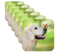 Golden Retriever Dog with Butterfly Print Leather Coasters Set of 6 Coasters for Drinks Beer Coffee Coasters Round Cup Mat for Tabletop Protection and Living Room Decor