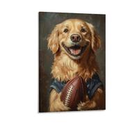 Golden Retriever Dog with Football Wall Art Vintage Animal Painting Print for Dog Lovers American Football Fan Decor Cute Pet Poster for Living Room Or Sports Room Wall Gift 08x12inch(20x30cm) Frame