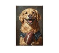 Golden Retriever Dog with Football Wall Art Vintage Animal Painting Print for Dog Lovers American Football Fan Decor Cute Pet Poster for Living Room Or Sports Room Wall Gift 24x36inch(60x90cm) Unframe