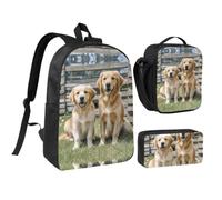 Golden Retriever dogs puppies pets Backpack Set 3 PCS - 17 Inch Laptop Backpack with Lunch Bag, Waterproof Daypack Insulated Lunch Box Large Capacity Coin Pouch Personalized Gift