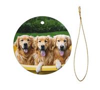 Golden Retriever Dogs Puppies Pets Christmas Ceramic Ornament - Double-Sided Uv Printed Round Hanging Decoration with Gold String for Tree