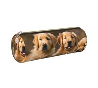 Golden Retriever Dogs Puppies Pets Leather Pencil Case, Slim Aesthetic Leather Pouch,Stationery Organiser Pouch with Portable Metal Ring