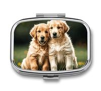 Golden Retriever Dogs Puppies Pets Pill Box 2 Compartment - Small Metal Medicine Organizer Portable Pill Case for Purse Pocket Travel Vitamin Organizer for Men Women, BPA-Free
