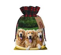 Golden Retriever Dogs Puppies Pets Printed Drawstring Gift Bags With Kraft Name Tag, Burlap Style Plaid Pouch For Christmas Birthday Party, Reusable Wrapping Bag For Gifts Candy M
