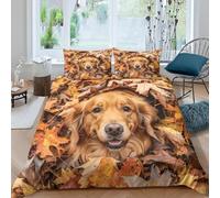 Golden Retriever Duvet Cover Double Maple Leaves Bedding Set 3D Print Soft Microfiber Quilt Covers 200x200 cm with Zipper Closure and 2 Pillowcases 50x75 cm for Adults M.388