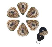 Golden Retriever Guitar Picks 6 Pack, 0.71mm Thickness Celluloid Bass Pick with Leather Guitar Pick Holder Keychain Abstract Art Pics Plectrum for Acoustic Electric Guitar, Ukulele, Bass