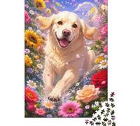 Golden Retriever in Flower Garden 1000 Piece Jigsaw Puzzle for Adults | 38x26cm Cheerful golden retriever surrounded by colourful flowers; a joyful puzzle experience for relaxing solo or with