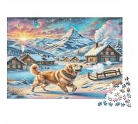 Golden Retriever Jigsaw Puzzle Educational Game: Dog in Snowy Mountain Village for Adults Teens Age 12 Years Up 38x26cm/1000pcs