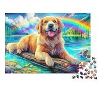 Golden Retriever Lake Scene Puzzles 1000 Pieces for Adults Jigsaw Puzzles for Adults 1000 Piece Puzzle Challenging Game for The Whole for Women,Rainbow Puppy Gifts for MenFun Activity for Home