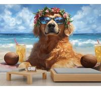 Golden Retriever Mural Summer Leisure Wallpaper Vacation Beach Wall Mural Panoramic Office Reception Studio Backdrop Custom Photo Wallpaper (Non-self-Adhesive)