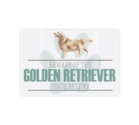 Golden Retriever Novelty Dog Sign - Beware the Dog Funny Metal Plaque - Paw Print Pet Wall Decor 28cm x 20cm