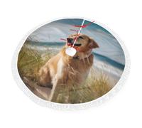 golden retriever on the beach Print Christmas Tree Skirt 30 inch, Xmas Tree Skirts Mat with Fringe Border for Christmas Holiday Party Decorations