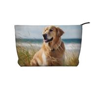 Golden Retriever on The Beach Printed Corduroy Makeup Bag for Women Cute Make up Bag Travel Cosmetic Bag with Wristlet