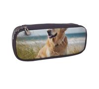 Golden Retriever on The Beach Printed Pu Leather Pencil Case Box Flip Pen Bag and Makeup Cosmetic Holder for Girls Boys School Students