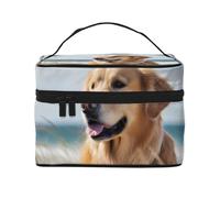 Golden Retriever on The Beach Printed Travel Makeup Bag Spacious Portable Cosmetic Organiser with Handle, Large Capacity Toiletry Bag, Gift for Women Girls