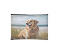 Golden Retriever on The Beach Reusable Paper Cosmetic Bag Waterproof & Lightweight for Travel, School & Daily Use Full-Print Design Women, Students, Eco-Conscious