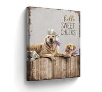 Golden Retriever Painting Funny Farmhouse Bathroom Wall Art for Toilet - Rustic Animals Artwork Framed 12"x16"