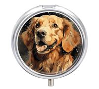 Golden Retriever Pill Box - 3 Compartment, Round Metal Pill Case with Mirror, Portable Medicine Holder for Purse/Wallet/Travel