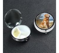 Golden Retriever Pill Box 3 Compartment Waterproof Pill Container with Mirror Metal Medicine Box Organizer Portable Vitamin Case for Pocket & Purse Travel - Round