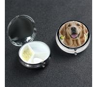 Golden Retriever Pill Box with Mirror 3 Compartment Decorative Pill Case for Purse or Pocket Small Round Pill Organizer Weekly Metal Medicine Tablet Vitamin Holder Travel Gift