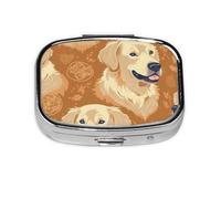 Golden Retriever Print Pill Box Square Pill Case 2 Compartment Small Metal Medicine Organizer Portable Travel Pillbox for Pocket Purse Cute Mini Pill Container to Hold Daily Vitamins
