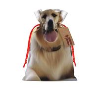 Golden Retriever Printed Christmas Drawstring Bags Reusable Bag for Party Xmas Gift Wrapping, Red Ribbon, M