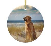 Golden Retriever Printed Christmas Tree Ceramic Hanging Ornaments with Hanging Strings, Round-Shape Ceramic Wall Hanging Xmas Tree Decorations