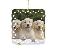 Golden Retriever Puppies Ceramic Christmas Ornaments Rustic Square Xmas Tree Pendant Decor with Hanging String Personalized Double-Sided Holiday Party Ornament for Xmas Gifts