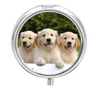 Golden Retriever Puppies Pill Box Round Portable Small Pill Case Waterproof Travel Pill Box Organizer for Pocket Purse and Daily Convenience