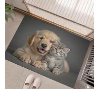 Golden Retriever Puppy Tabby Cat Washable Entryway Rug - Light Yellow Soft Warm And Realistic Bathroom Rug Non-Slip Front Door Mat Indoor Entrance Thin 40 X 60 Cm Accent Throw Rugs For Kitchen Bedside