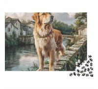 Golden Retriever Riverside Village 1000 Piece Jigsaw Puzzle Paper for Adults Bridge Scene Puzzle Game for Family Relax Gift 70x50cm/1000pcs