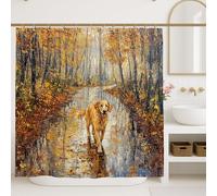 Golden Retriever Shower Curtain, Autumn Forest Dog Bathroom Decor, Fall Modern Rustic Waterproof Fabric Shower Curtain with Hooks 72x72 Inch