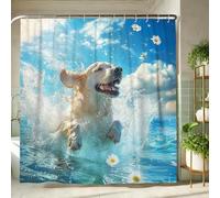 Golden Retriever Shower Curtain, Vibrant Sky Blue Dog Splash Bath Curtain for Home Decor, Summer Cute Animal Waterproof Fabric Shower Curtain Set with Hooks 72x78 Inch