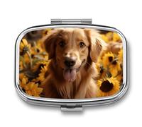 Golden Retriever Sunflower Pill Box Elegant Metal Pill Case with 2 Compartments, Slim Portable Medicine Organizer for Purse, Pocket, Travel