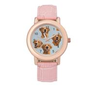 Golden Retrievers on Blue Women's Leather Watch Easy Reader Minimalist Wristwatch Pink Rose Gold Strap Watches