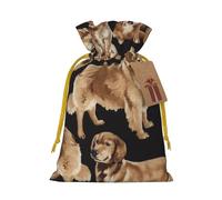 Golden Retrievers Printed Christmas Drawstring Bags with Yellow Christmas Ribbon - Reusable Burlap Drawstring Gift Pouches, M