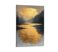 Golden River Sunset Wall Art Abstract Nature Landscape with Metallic Brush Strokes And Forest Reflections Tranquil Modern Aesthetic Artwork Living Room Office Entryway Deco Gift 20x30inch Frame