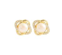 Golden Rose Earrings with Circle Crystals & Floral Pearls - Elegant & Luxurious, Suitable for Weddings, Galas & Daily Wear