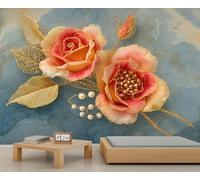Golden Rose Wall Mural Luxury Pearl Rose Wallpaper Blue Marble Mural Elegant Embossed Floral Wall Decal for Living Room Bedroom Wallpaper Not Peel and Stick 100 x 70 cm