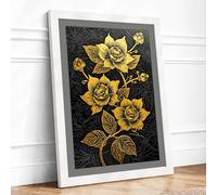 Golden Roses Botanical Framed Wall Art Print A2 (59.4×42cm) White, Wall Decor for Living Room, Bedroom, Office & Home, Ready to Hang, Art Gift