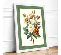 Golden Roses on Stem Botanical Framed Wall Art Print A4 (29.7×21cm) White, Wall Decor for Living Room, Bedroom, Office & Home, Ready to Hang, Art Gift