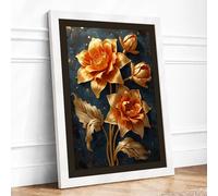 Golden Roses Study Botanical Framed Wall Art Print A4 (29.7×21cm) White, Wall Decor for Living Room, Bedroom, Office & Home, Ready to Hang, Art Gift