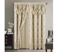 Golden Rugs Jacquard Luxury Curtain Window Panel Set Curtain with Attached Valance and Backing Bedroom Living Room Dining 112"X84" Each Jana Collection (Beige)
