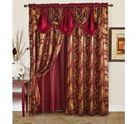 Golden Rugs Jacquard LuXury Curtain Window Panel Set Curtain with Attached Valance and Backing Bedroom Living Room Dining 112 inch X84 inch Each Jana Collection (Burgundy)