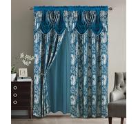 Golden Rugs Jacquard Luxury Curtain Window Panel Set with Attached Valance and Backing Bedroom Living Room Dining 110X84 inches Each Jana Collection, Turquoise Silver