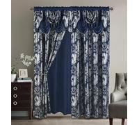 Golden Rugs Jacquard Luxury Window Panel Set Curtain with Attached Valance and Backing Bedroom Living Room Dining 110”X84” Jana Collection (Navy)